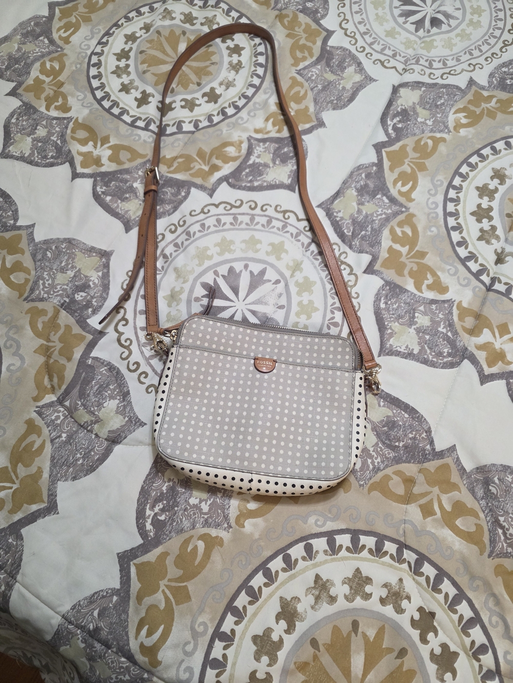 Fossil Beige Polka Dot Crossbody with Tan Strap